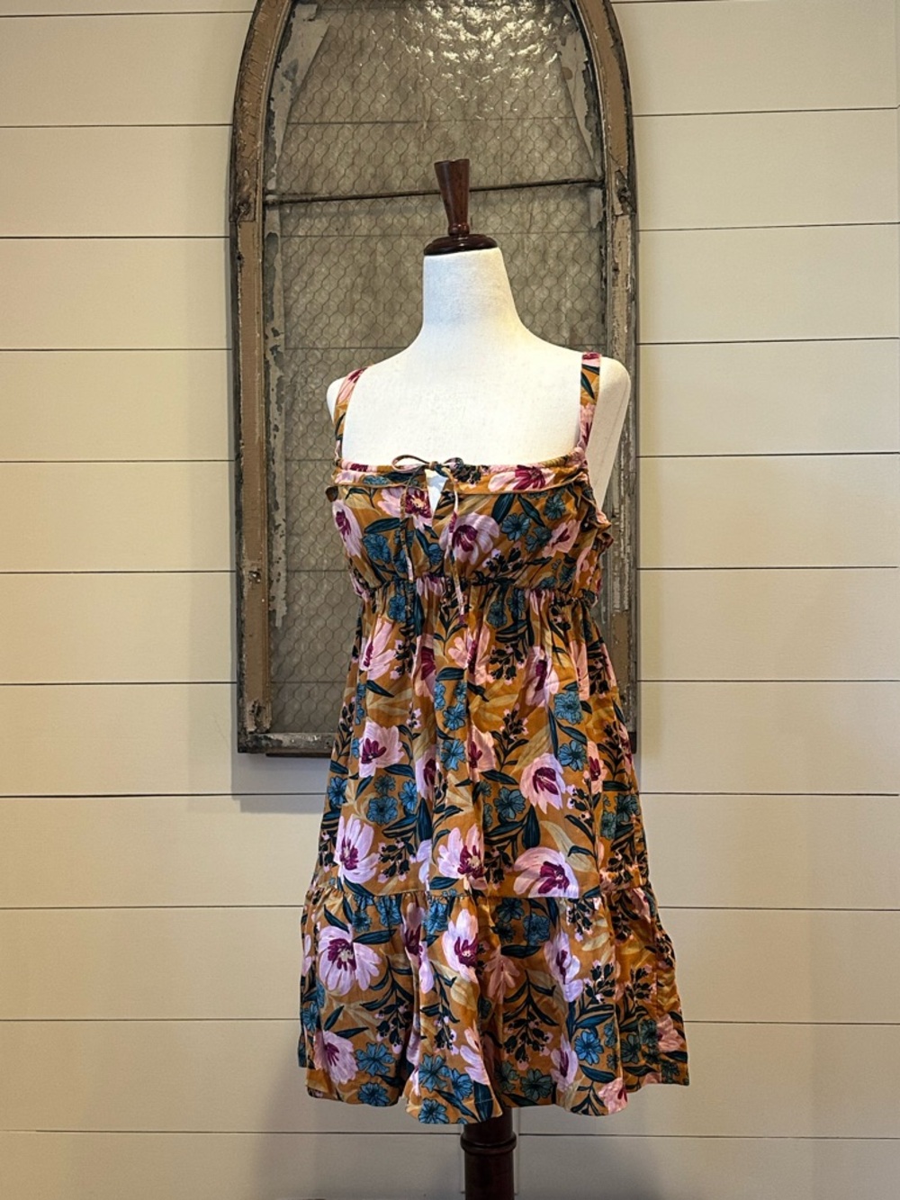 Natural Life Floral Boho Mini Dress XS – Adjustable Straps, Cottagecore Vibes